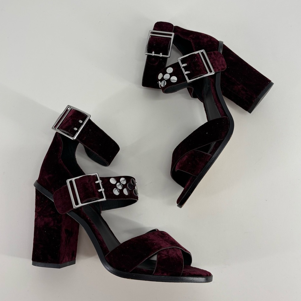 Rebecca Minkoff Jennifer Merlot Velvet Strappy Studded Heels - Picture 2 of 9
